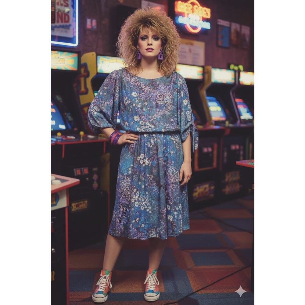 Blue and purple dress Floral dress blouson 1980s Lady Carol Size XL